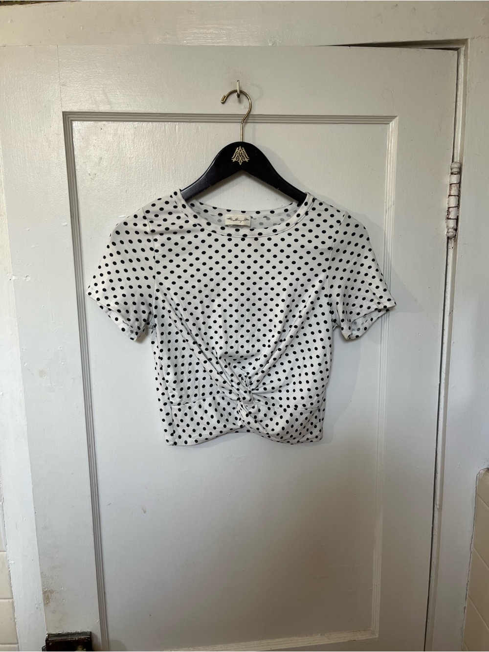 Gaze White Black Polka Dot Twist Front Crop Top Size Small EUC
